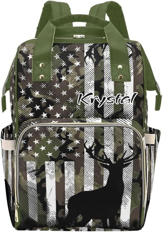 Camo American Flag Deer Antlers Diaper Bags with Name Waterproof Mummy Backpack Nappy Nursing Baby Bags Gifts Tote Bag for Women