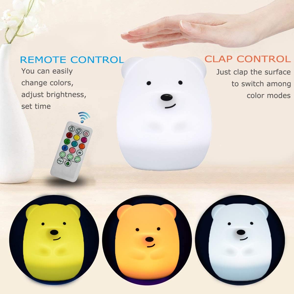 Bear Night Lights for Kids, Bedside lamp for Children, Baby Nursery Light - Break Resistant/Eye Caring/Adjustable Brightness Color/Time Setting/Gifts for Kids Babies Boys Girls - Medium