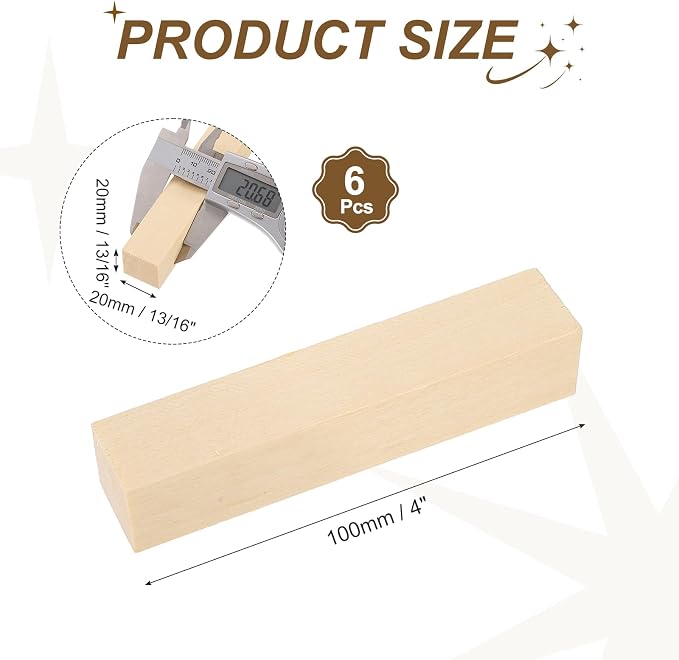 MECCANIXITY 6Pcs Basswood Sticks, 13/16" x 13/16" x 4" Square Wooden Dowel Rods