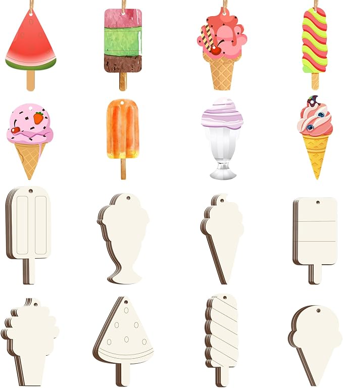 40Pcs Ice Cream Unfinished Wooden 8 Style Cutouts Ornaments DIY Craft Paintable