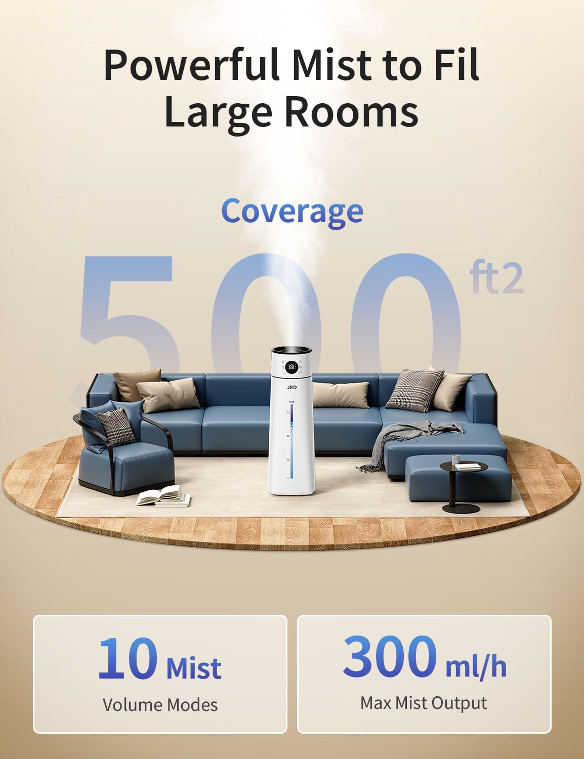 JRD Humidifier Large Room 8L/ 2.1Gal, Ultrasonic Cool Mist for Bedroom, Quiet Humidifier with Remote Control, 10 Mist Modes, 24H Timer, AI Mode for Baby Home Office Adults Plants