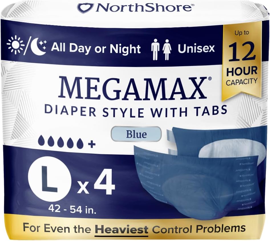 NorthShore MegaMax Adult Overnight Diapers, 12-Hour Tab-Style, Large, 4 Count Starter Pack, Blue, 42-54 inches, Unisex Incontinence Underwear