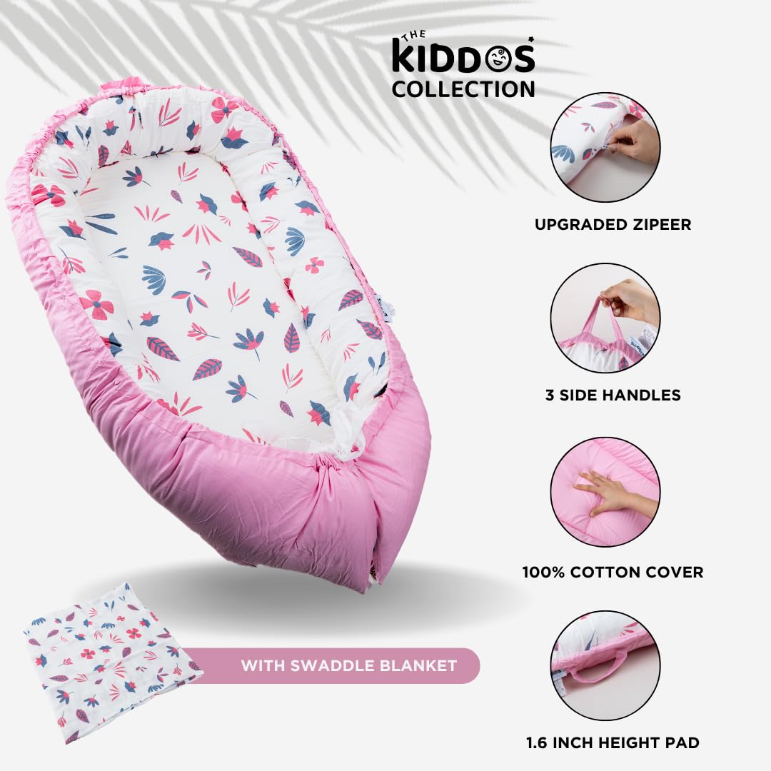 TKC Baby Lounger 0-24 Months | Adjustable Infant Lounger | Breathable Organic Cotton Cover | Reversible Floral Pattern | Includes Matching Swaddle Blanket | Portable Baby Nest