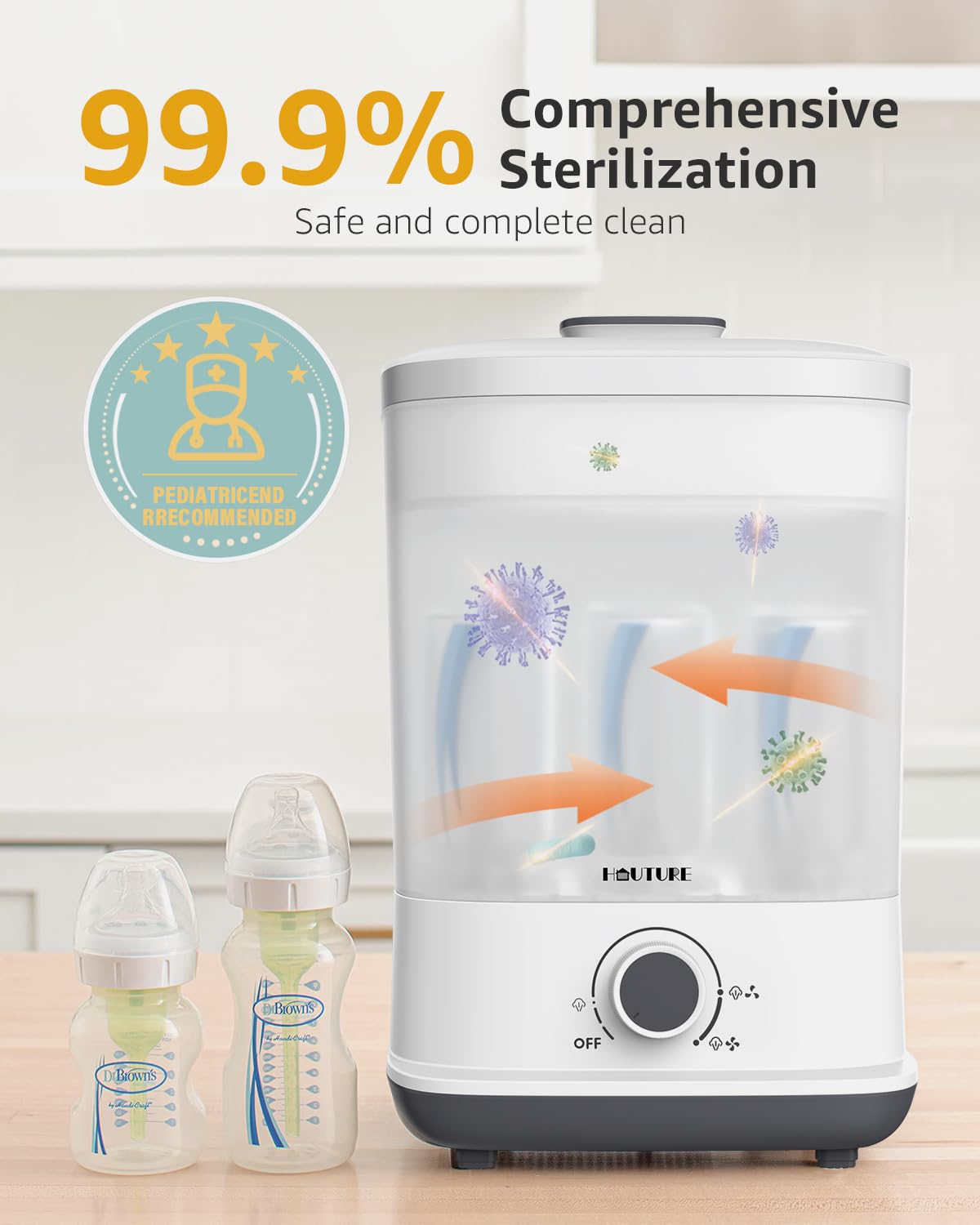 HAUTURE Bottle Sterilizer and Dryer, Esterilizador De Biberones, One-Dial Control Steam Baby Bottle Sterilizer for Baby Stuffs, Bottles & Breast Pump Accessories