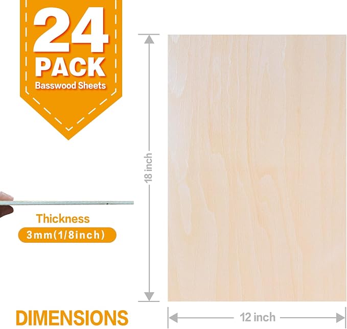 24Pack Basswood Sheets 18"x12"x1/8", 3mm Basswood