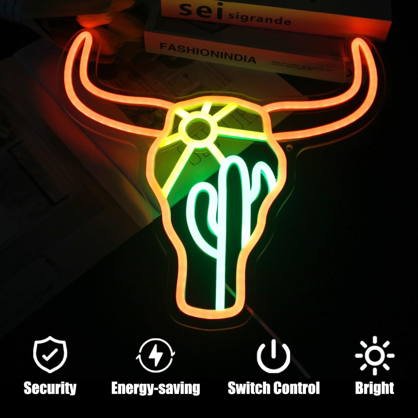 Bull Cactus Sun Neon Sign Texas Longhorn Bull Neon Lights for Bedroom Western Landscape LED Sign Cow Head Neon Lights Signs Orange Cowboy Light Up Signs for Wall Bar Man Cave Game Room Decor