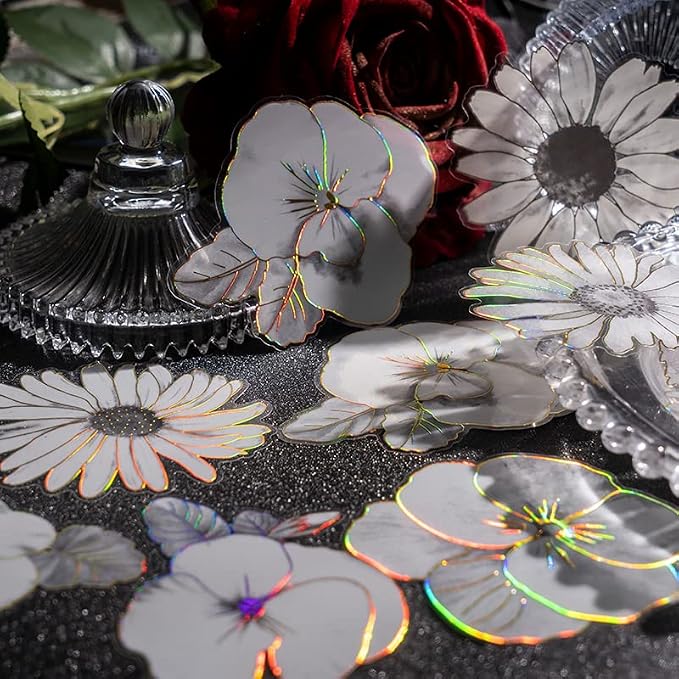 120pcs White Flower Scrapbook Stickers Pack, Vintage Roses Lilies Daisies