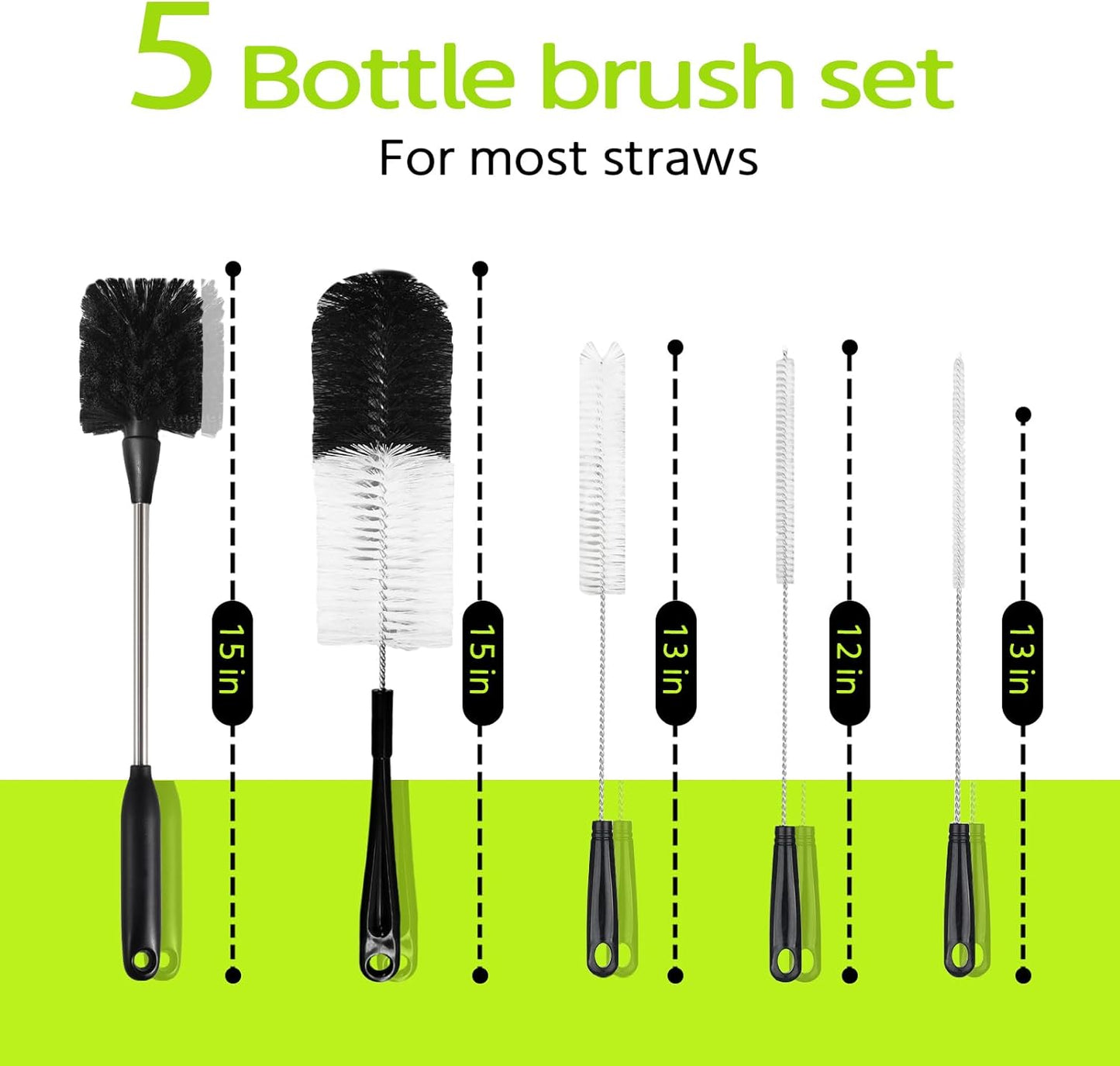 5 Pack Bottle Brush Set, Long Handle Water Bottle Brush, 15in Narrow Bottle Brush, 3 Straw Brushes, Multi-Function Cleaning Brush Suitable for Cleaning Glass, Sports Bottle, Coffee Mug,Black