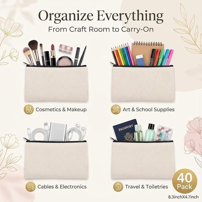 40 PCs Blank canvas Zipper Pouch, Makeup Bags Bulk Pencil Pouch