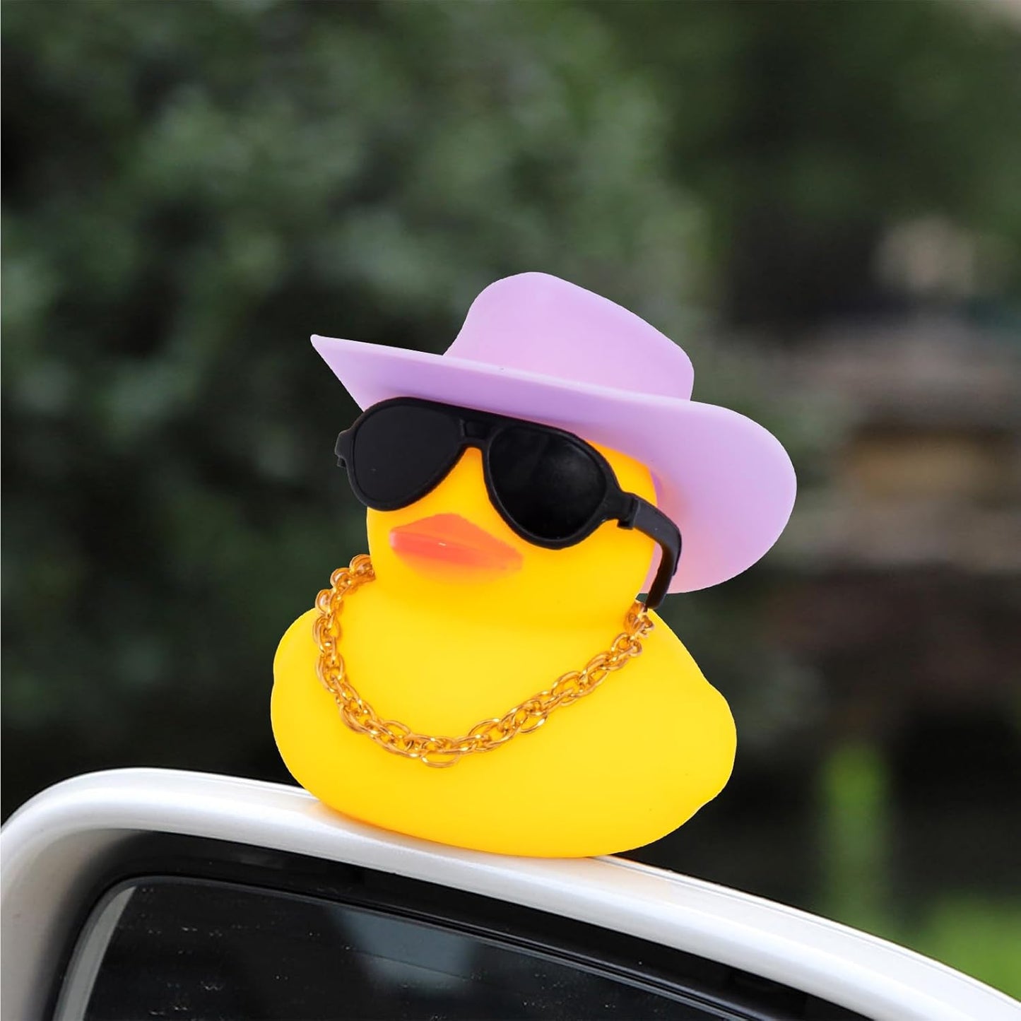 wonuu Car Rubber Duck, Yellow Duck Decoration Dashboard with Sun Hat Swim Ring Necklace Sunglasses for Car Dashboard Decorations, Purple Cowboy Hat-Purple Donut
