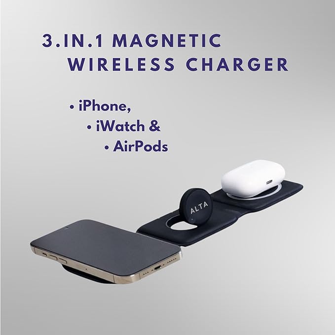 3-in-1 Magnetic Wireless Charger for iPhone, Apple Watch & AirPods – Fast Charging Station, Foldable Dock for Travel & Desk, Compatible with All iPhone Models, with 20W Adapter