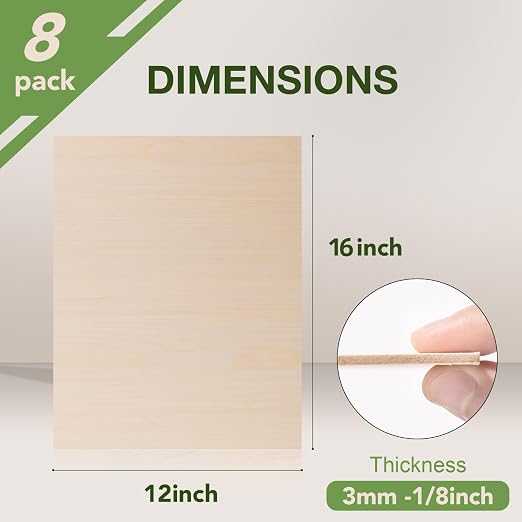 Rowood 8 Pack Maple Plywood 1/8, 3mm Wood Sheets Thin Unfinished Maple Plywood