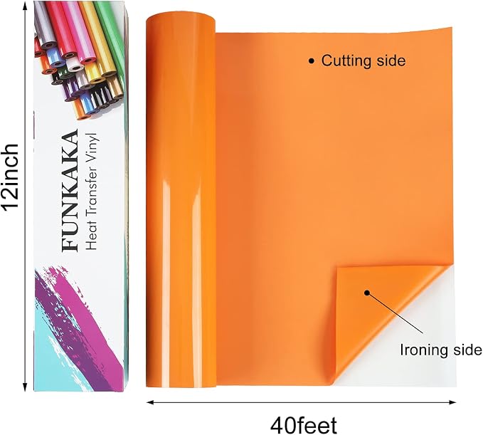 FUNKAKA Orange Heat Transfer Vinyl Rolls, Adhesive Glossy HTV Vinyl