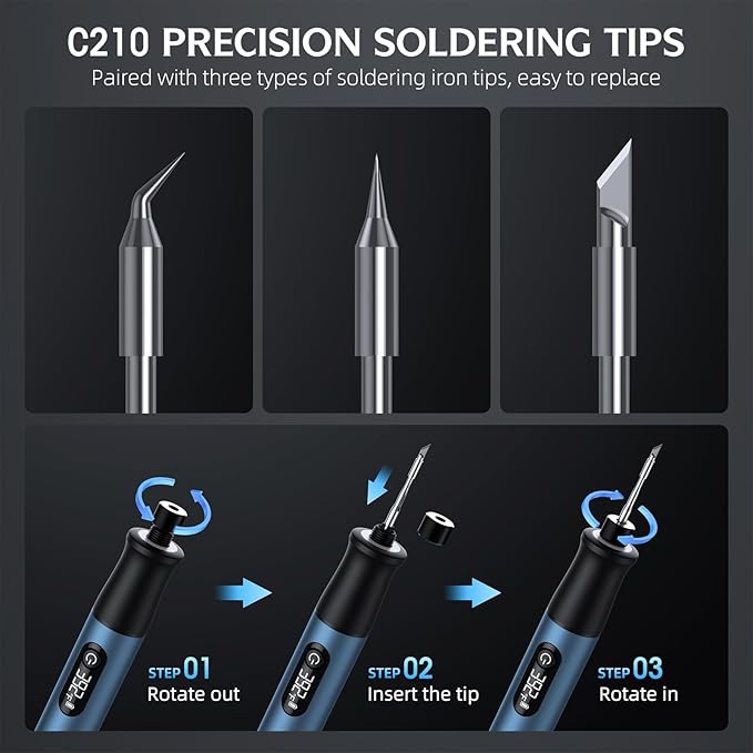 Cordless Soldering Iron Kit - 7s Fast Heating & Auto Sleep, Portable USB-C Rechargeable Welding Pen with 3 Tips (392°F/200°C to 842°F/450°C) for Electronics Repair/DIY/Circuit Board, Blue