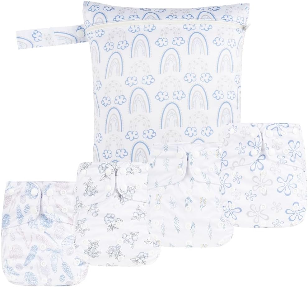 HappyFlute 9 Sets Newborn Baby Cloth Pocket Diapers Adjustable Reusable for Baby Boys and Girls(6-33 pounds,0-3 Years),One Wet Bag+4Diapers and 4Inserts (AD07)