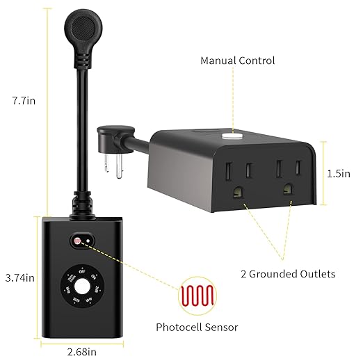 Minoston Outdoor Timer Outlet Waterproof with Remote, 2 Outlets Dusk to Dawn Plug, Light Sensor Countdown Timer 2 4 6 8 Hours 100Ft Remote Control Home Garden(MP42T)