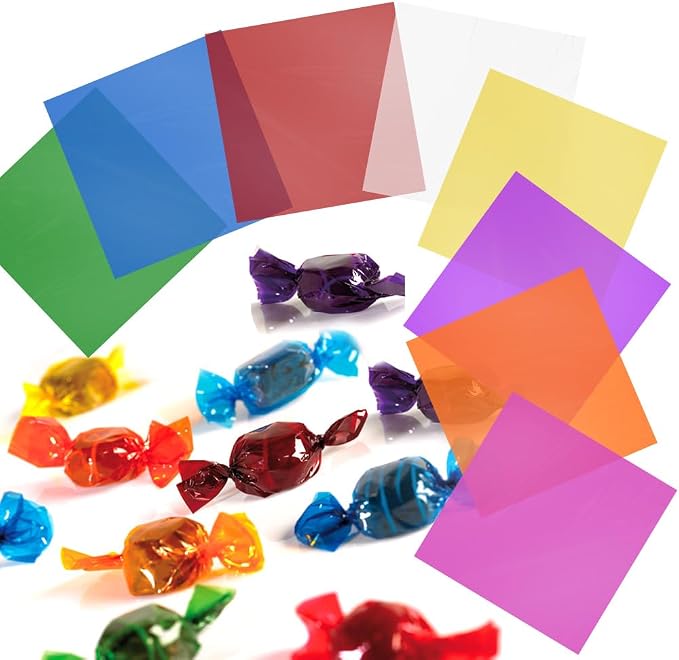 Cellophane Wrap, 8 Multi-Colors Colored Cellophane, 7.5x7.5 Inch Transparent