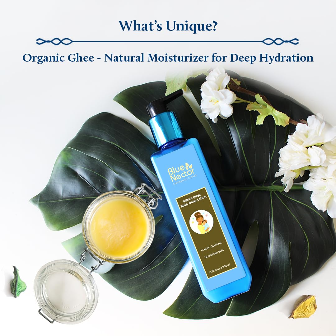 Blue Nectar Baby Lotion with Nourishing Organic Ghee, Body Butters and Ayurvedic Baby Oils Baby skincare | Infant Body lotion | Gentle moisturizer for Kids (12 Herbs,6.76 FlOz)
