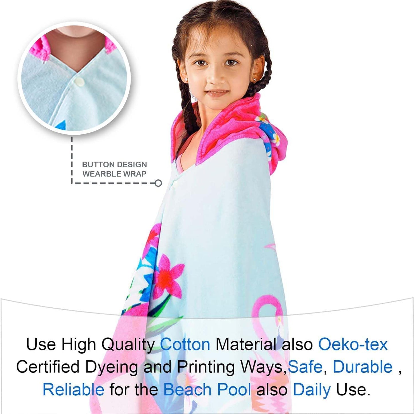 VOOVA & MOVAS Flamingo Hooded Towels for Girls Age 3-10, 30''X50, Soft | Thick |100% Cotton | Absorbent Wrap Towel, Perfect for Beach, Pool, Bath, Swim, Tropical Flamingo