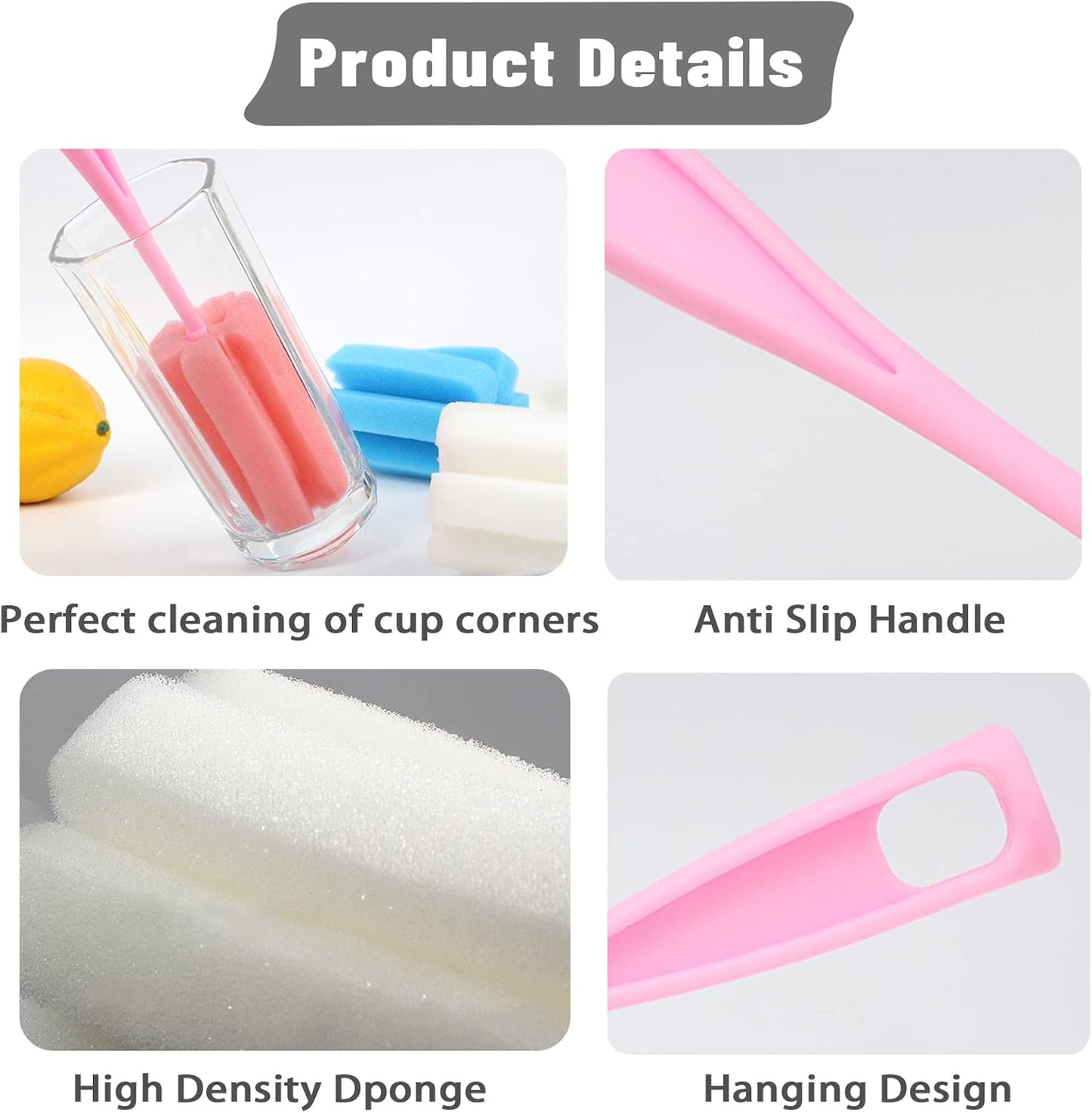 Bottle Brush Sponge 4PCS Cup Washer Brush Long Handle Cleaner Brush for Baby Bottle Glasswares Mugs Cups Kitchen Clean (4 PCS)