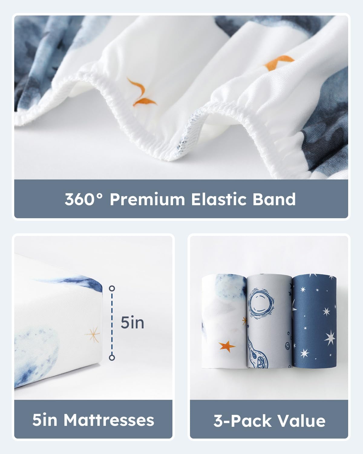 Pack and Play Sheets Fitted 3 Pack, Mini Crib Sheets for Pack N Play Mattress Stretchy Portable Playard Sheets, Soft Breathable Grey & Blue Moon