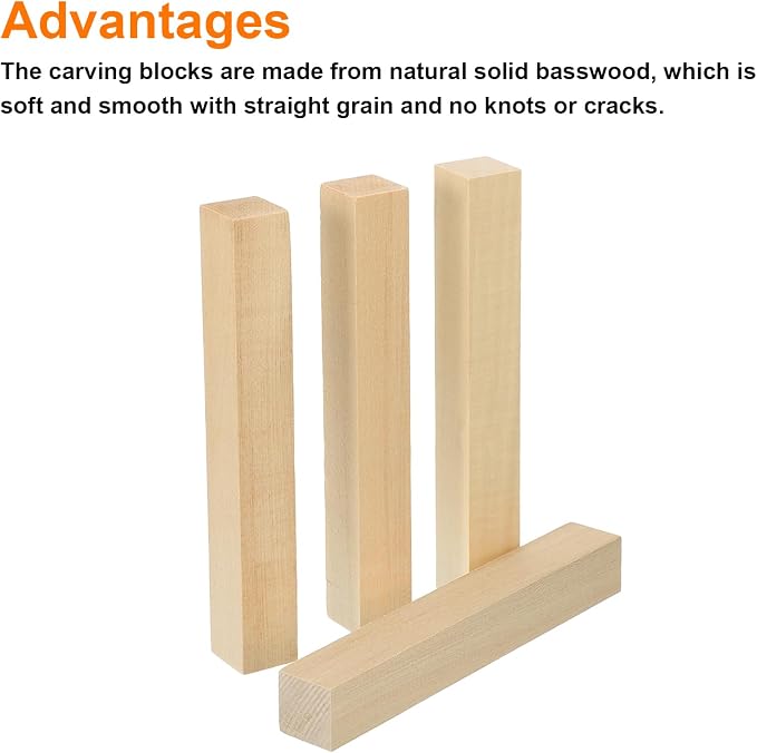 MECCANIXITY 4Pcs Basswood Carving Block, 0.8"x0.8"x6" Square Wooden Dowels