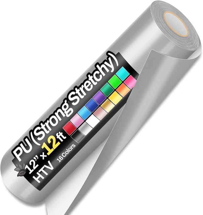 Sooez 12" x 12ft Heat Transfer Vinyl Rolls, Strong Stretchy HTV Silver