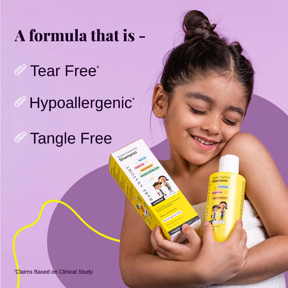 Bare Anatomy Junior Gentle Cleansing Shampoo For Kids from 5-12 Years | Tear-Free & Hypoallergenic pH 5.5 | Coconut Milk Protein, Almond Oil, Vitamin E & Strawberry | SLS & Paraben Free 8.8 Floz