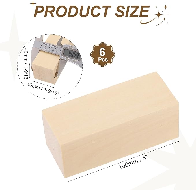 MECCANIXITY 6Pcs Basswood Sticks, 1.6" x 1.6" x 4" Square Wooden Dowel Rods