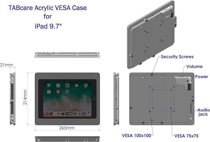 TABcare Anti-Theft Acrylic VESA Enclosure for Apple iPad 5/6 9.7" with Free Wall Mount Kit & 90-Degree Angle Charge Cable (iPad 5/6 9.7", Black)
