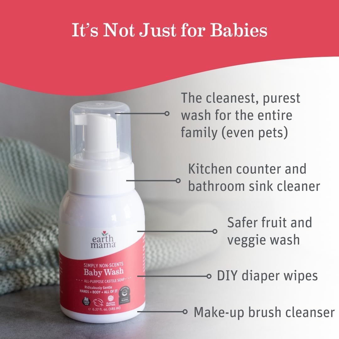 Earth Mama Simply Non-Scents Baby Wash Liquid Hand Soap Refill, Organic Body Wash for Sensitive Skin, All Purpose Castile Soap Liquid with Coconut Oil, Shea Butter, Calendula & Aloe, 34 fl oz