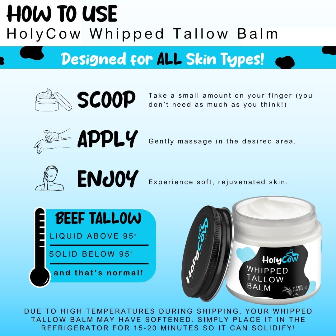 HolyCow Beef Tallow For Skin - Whipped Tallow Balm with Organic Jojoba Oil (Unscented/Herb-Infused), Grass Fed Beef Tallow Face Moisturizer for Eczema, Baby, Lip Balm - Lotion For Extremely Dry Skin