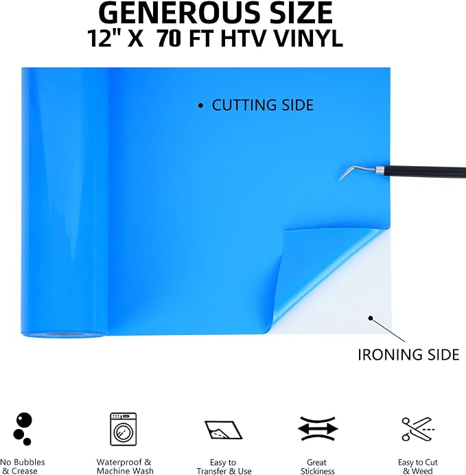 FUNKAKA Lake Blue HTV Heat Transfer Vinyl Rolls, Adhesive HTV Vinyl