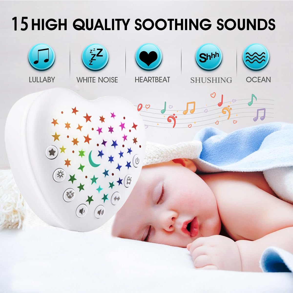 BEREST A13 White Noise Machine & Baby Sleep Soother with 15 Soothing Sounds & Projector Star Night Light, Cry Sensor, Rechargeable Lithium Battery, Portable for Baby, Toddlers, Attaches to Crib