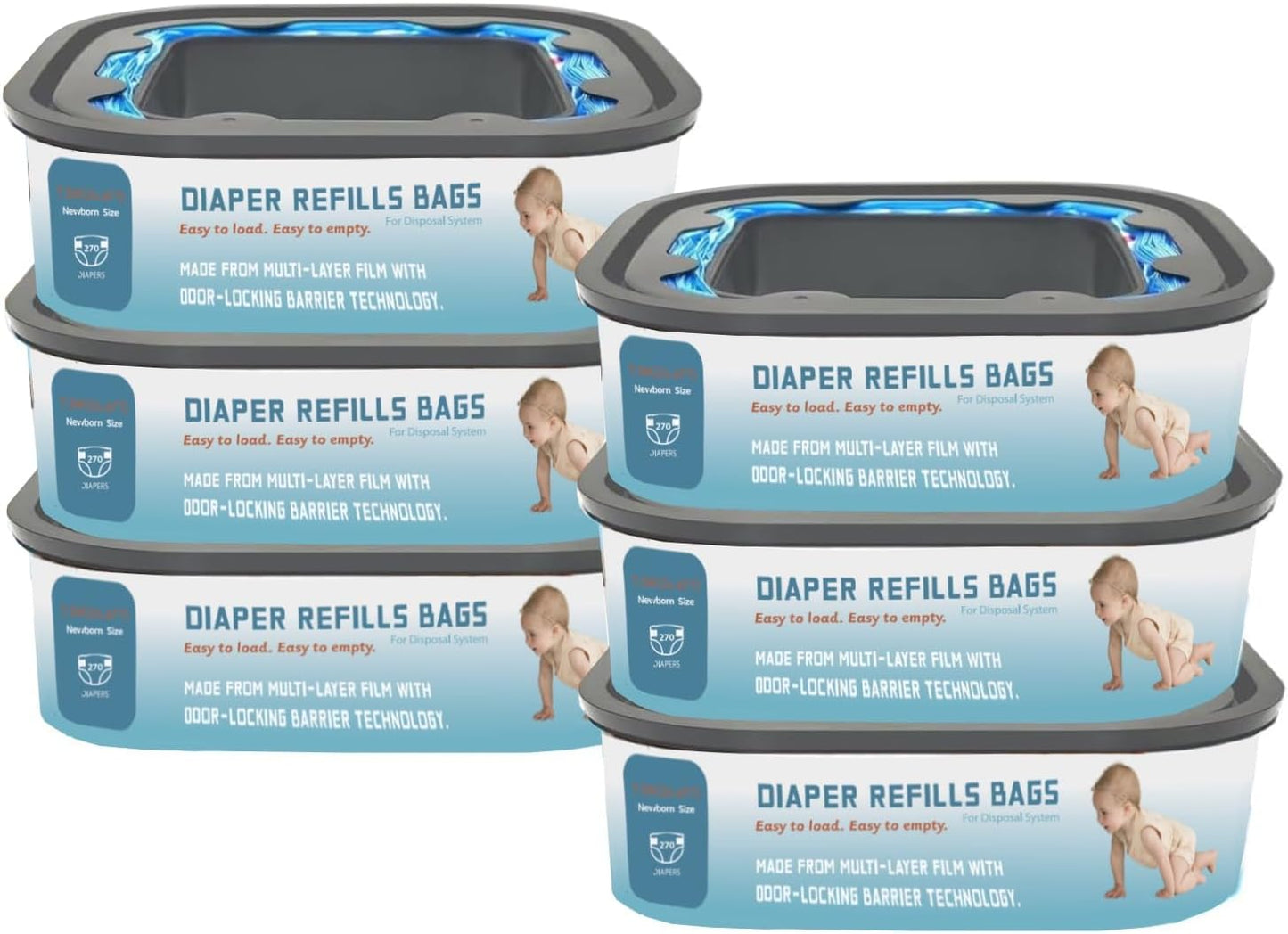 Standard Square Refills Disposal Bags Refill Compatible with Genie Diaper Compact, Select Pails (Not Fit Classic Version Pails), Hold Up to 270 Newborn-Sized Diapers Per Refill, 6 Pack