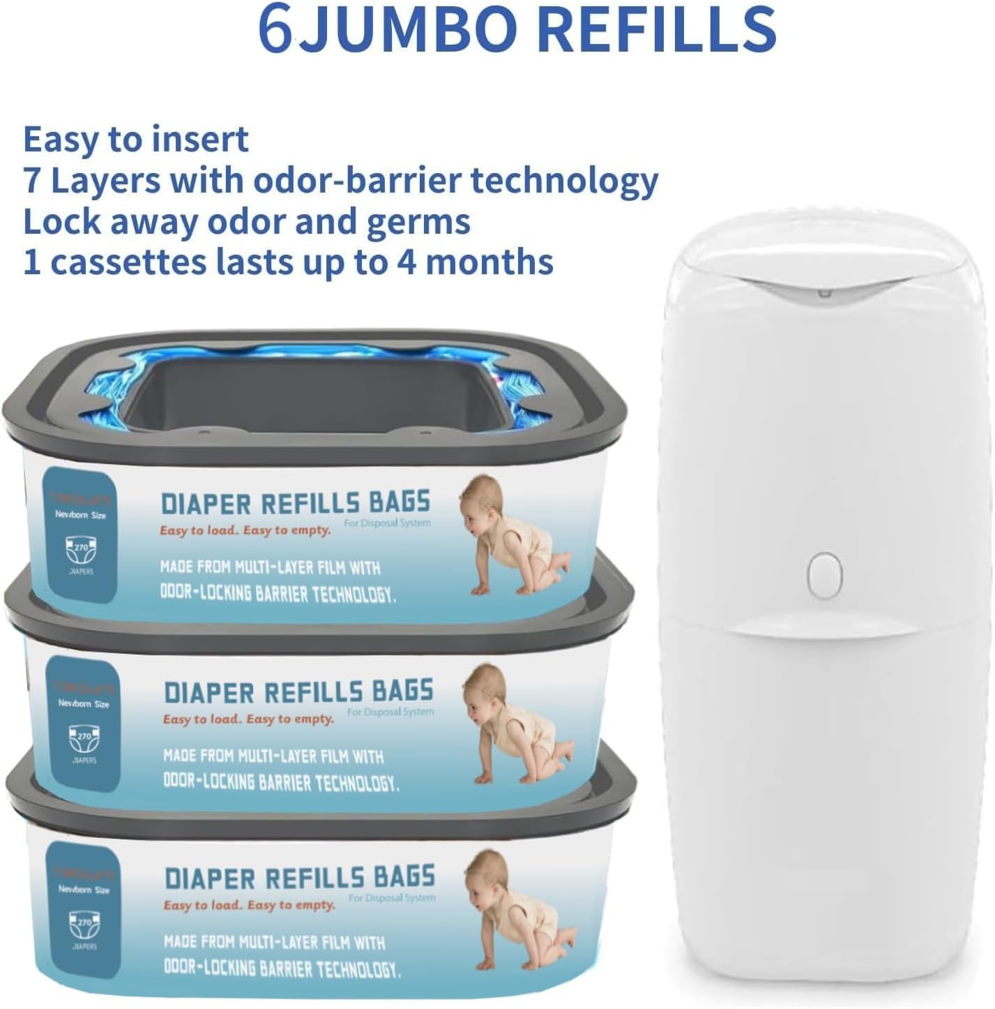 Standard Square Refills Disposal Bags Refill Compatible with Genie Diaper Compact, Select Pails (Not Fit Classic Version Pails), Hold Up to 270 Newborn-Sized Diapers Per Refill, 6 Pack