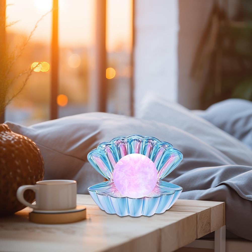 Shell Pearl Beach Themed Night Light, RGB 8 Colors Changing Mood Shell Pearl Lamps, Bedside LED Clamshell Portable Night Lights for Bar (Electroplating Blue)