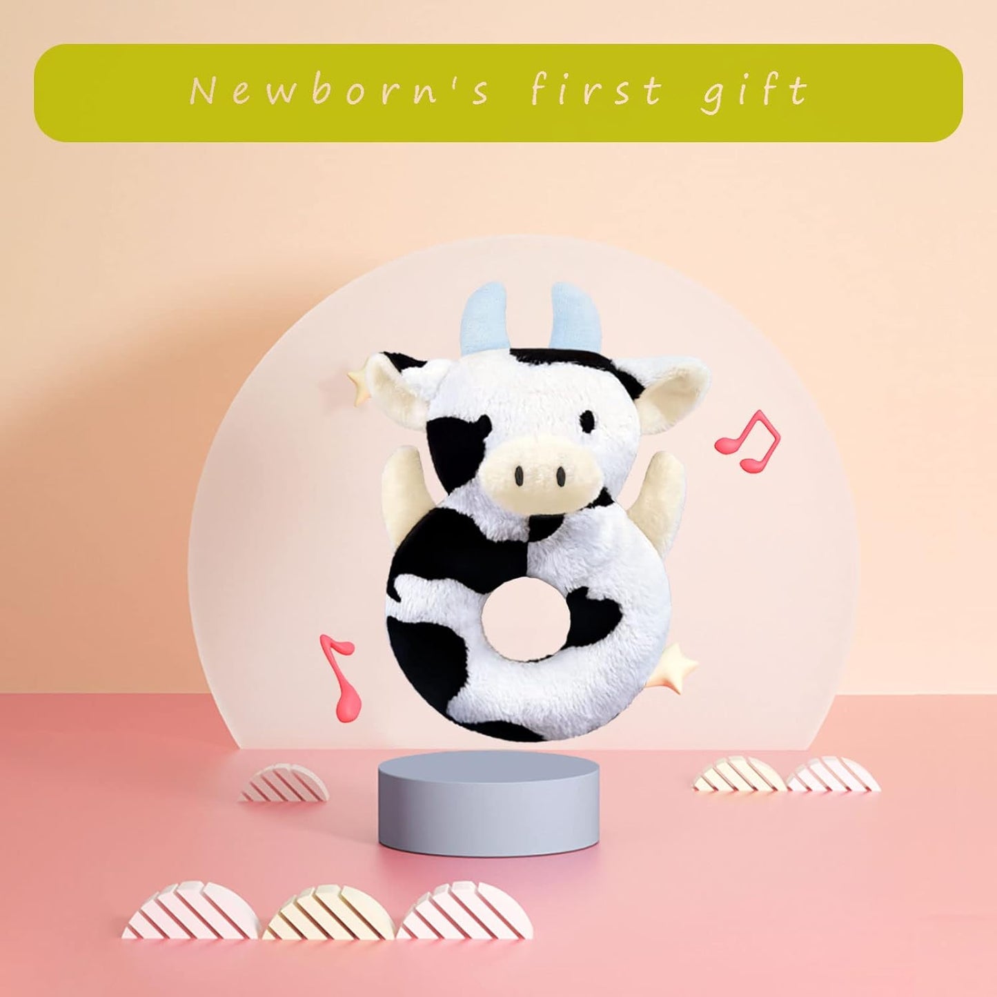 Baby Cow Soft Rattle Toy, Dairy Cattle Plush Infant Shaker Rattle Easy-Grasp Stuffed Animal Toy, Gifts for Newborns Babies Toddlers Boys Girls, Blue Horns, 6 Inches