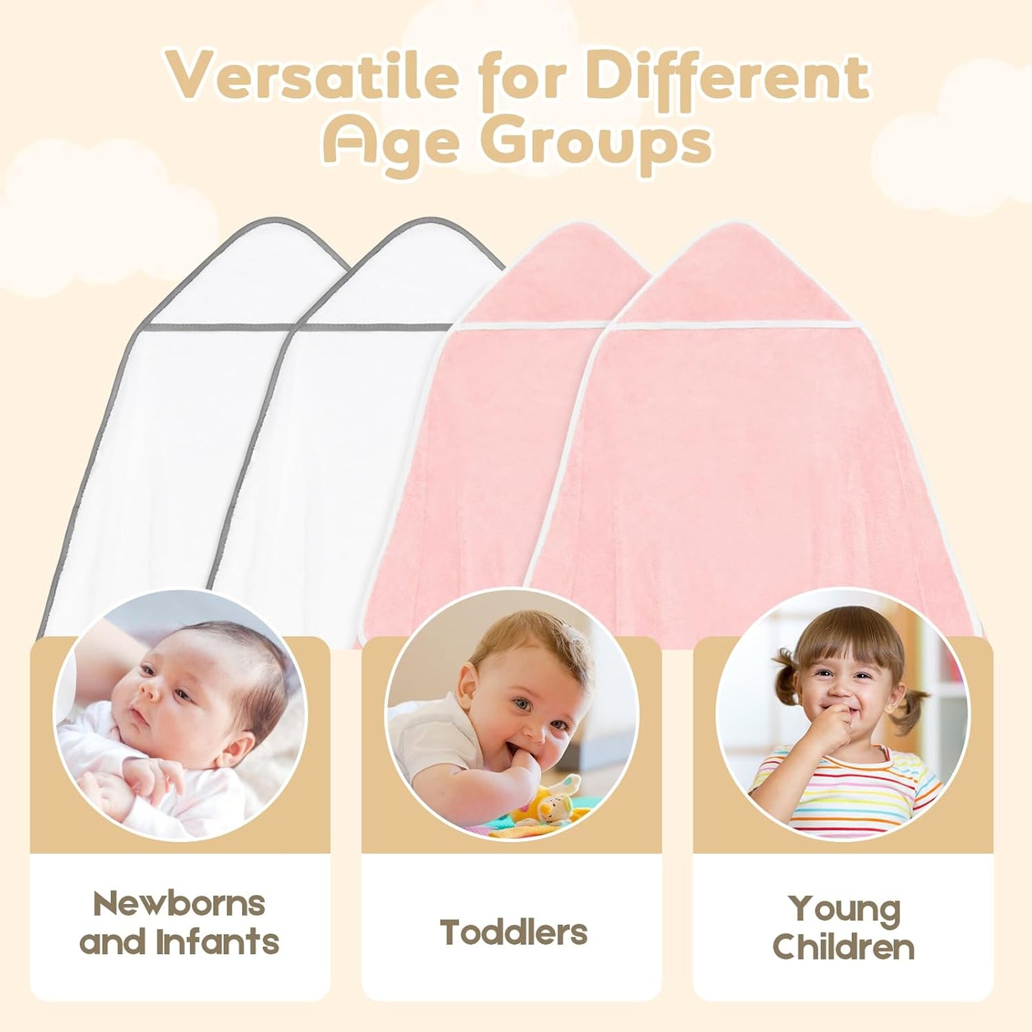 Hooded Towel for Newborn, 4 Pack Soft Coral Fleece Baby Towels, Ultra Absorbent Bath Cloths Bulk for Infants, Toddlers, Newborn Essential- 30 x 30 inch - Pink & White