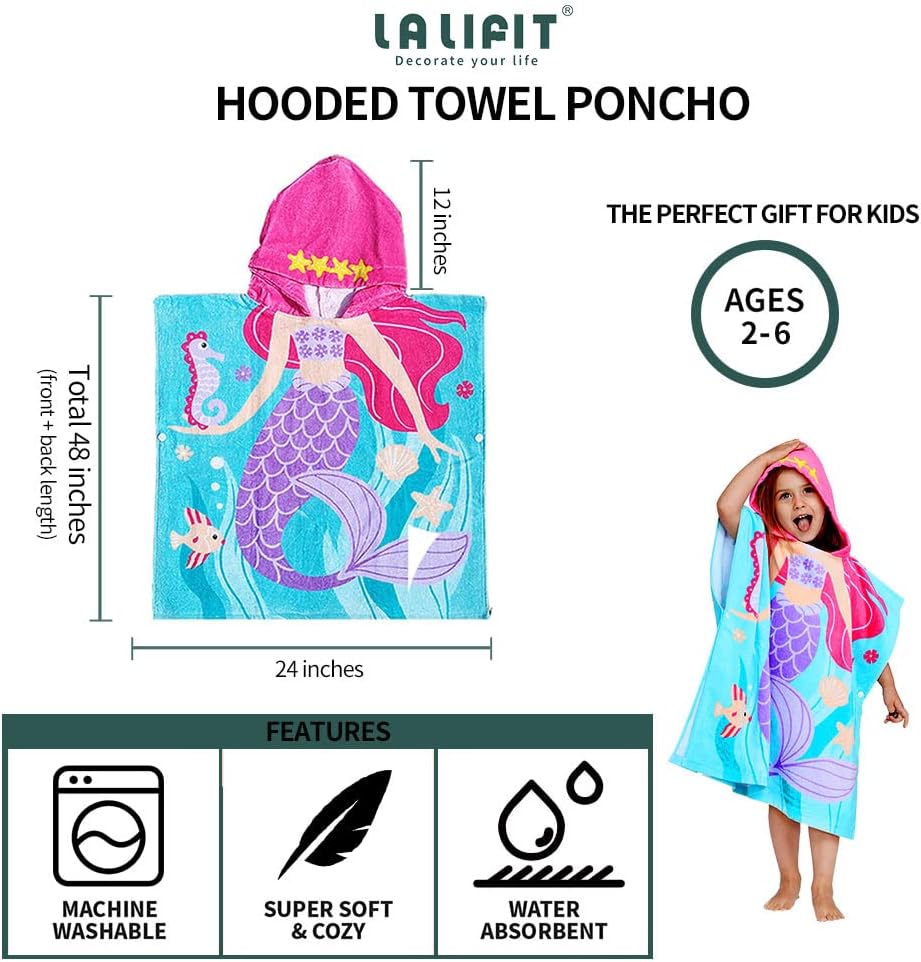 LALIFIT Little Mermaid 100% Cotton Hooded Towel for 2-6 Years Girls Boys Bath Beach Pool Towel,24 x 48 inches (Mermaid)