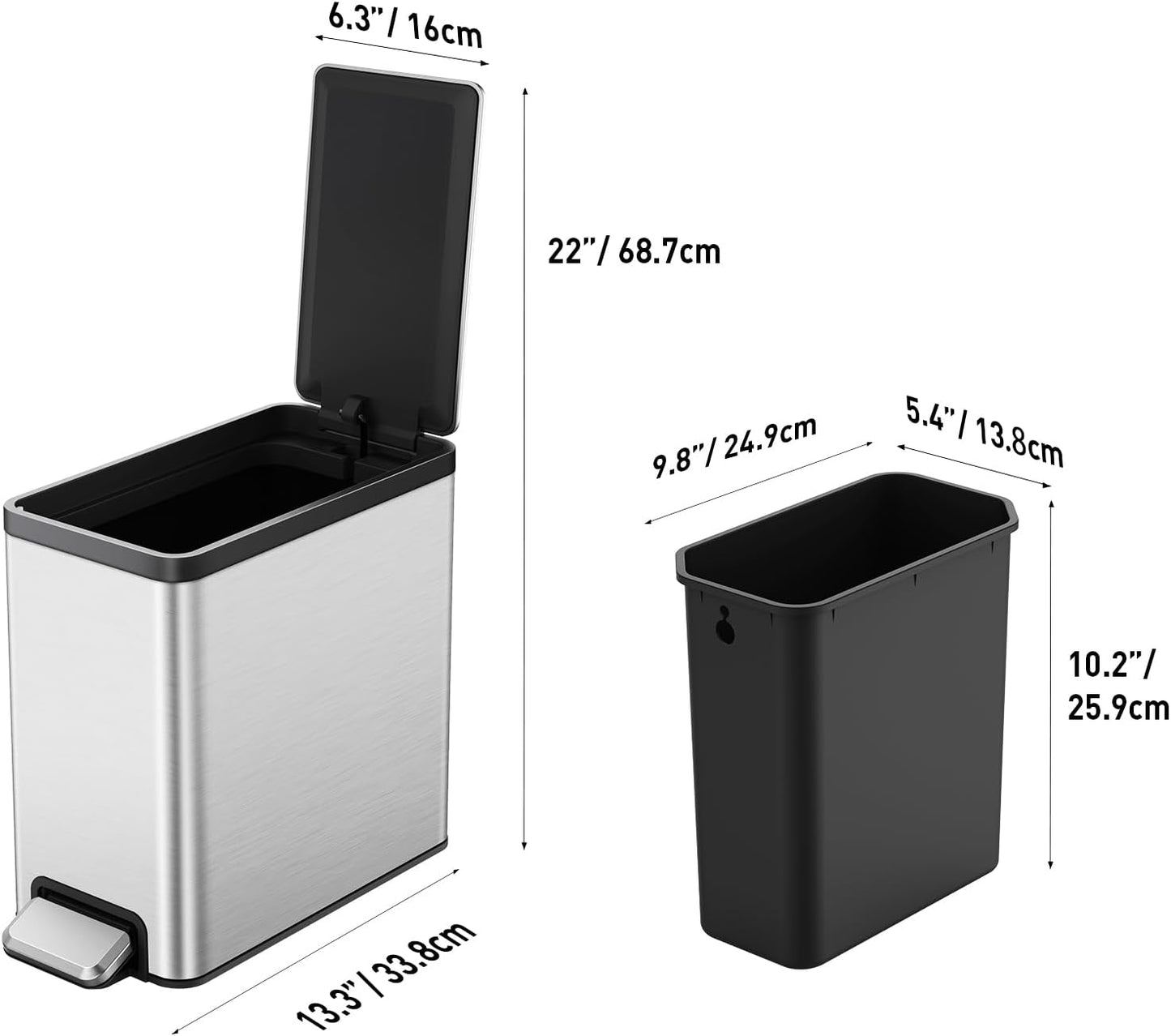 EKO Slim Small Bathroom Trash Can with Lid, Stainless Steel Small Garbage Can with Removable Inner Bucket, 6L / 1.6 Gal, Step On Trash Bin