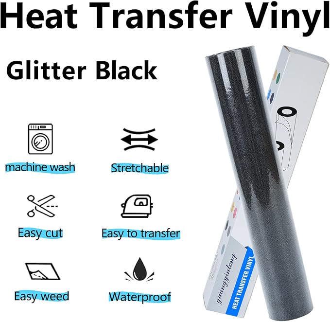 guangyintong Heat Transfer Vinyl Glitter Black HTV Rolls, Glitter Black HTV