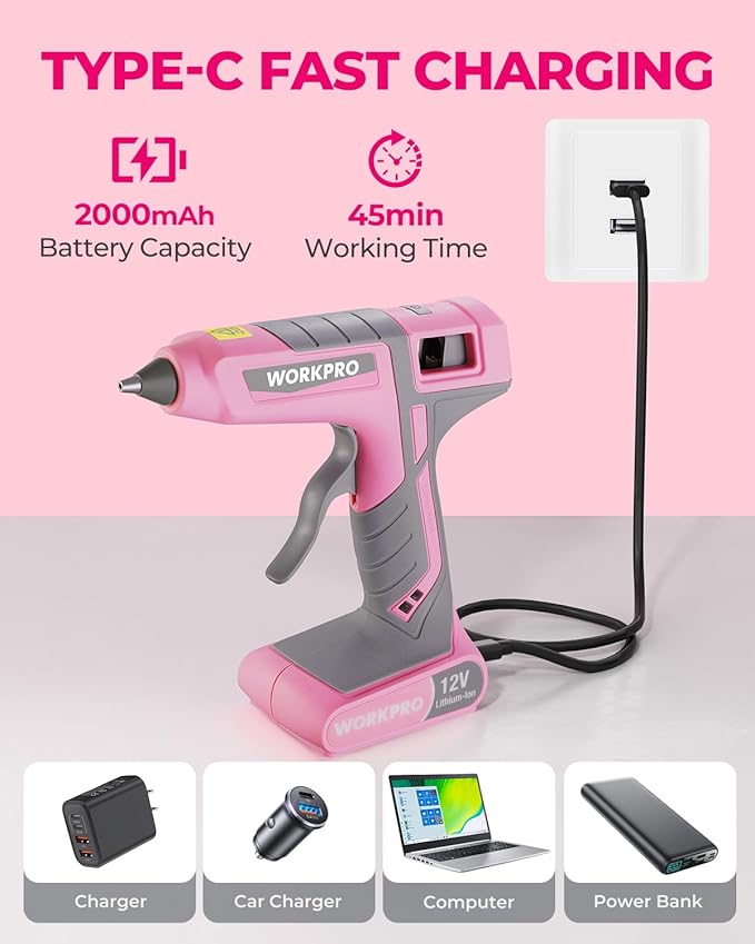 WORKPRO Full Size Cordless Hot Melt Glue Gun - 12V Rechargeable Fast Preheating
