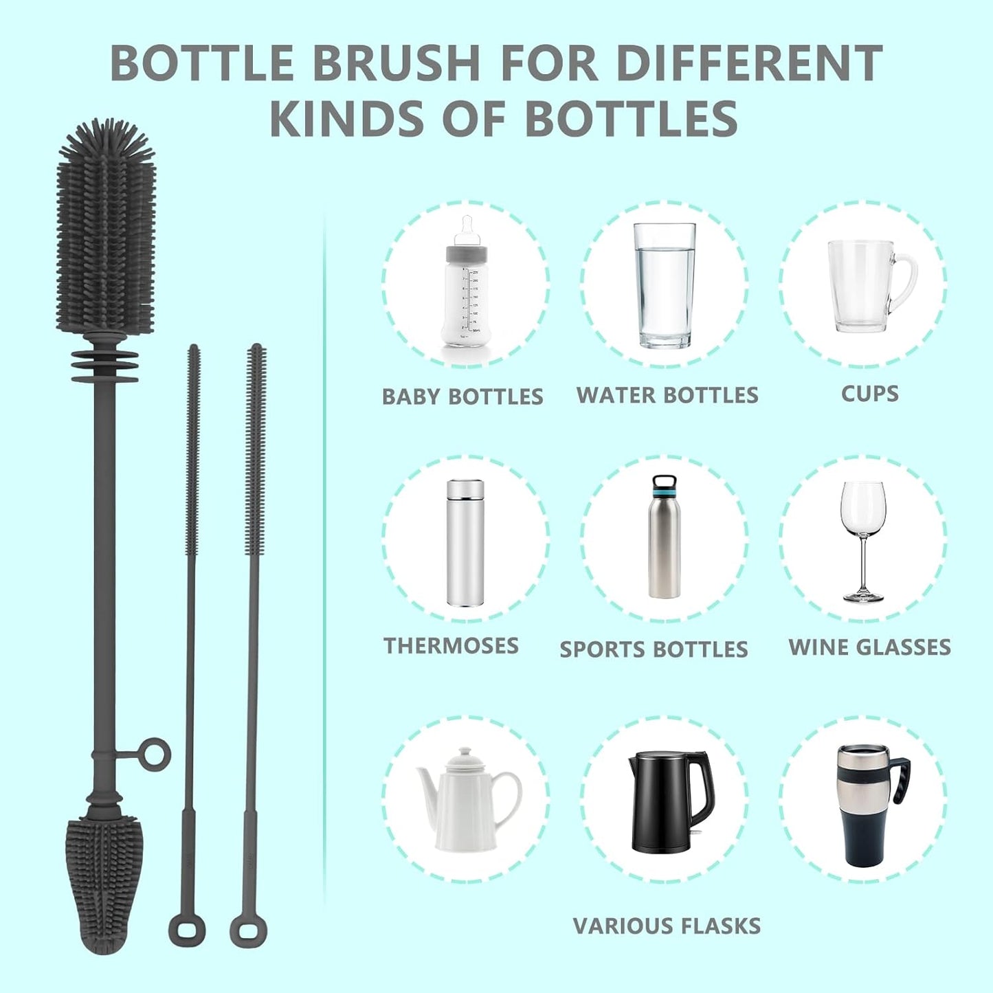 Silicone Baby Bottle and Straw Cleaner Set, Dish Brush, Versatile Deep Cleaning Long Water Bottle Brushes, Heat Resistant Sturdy Kitchen Brush, Hangable Cup Cleaner
