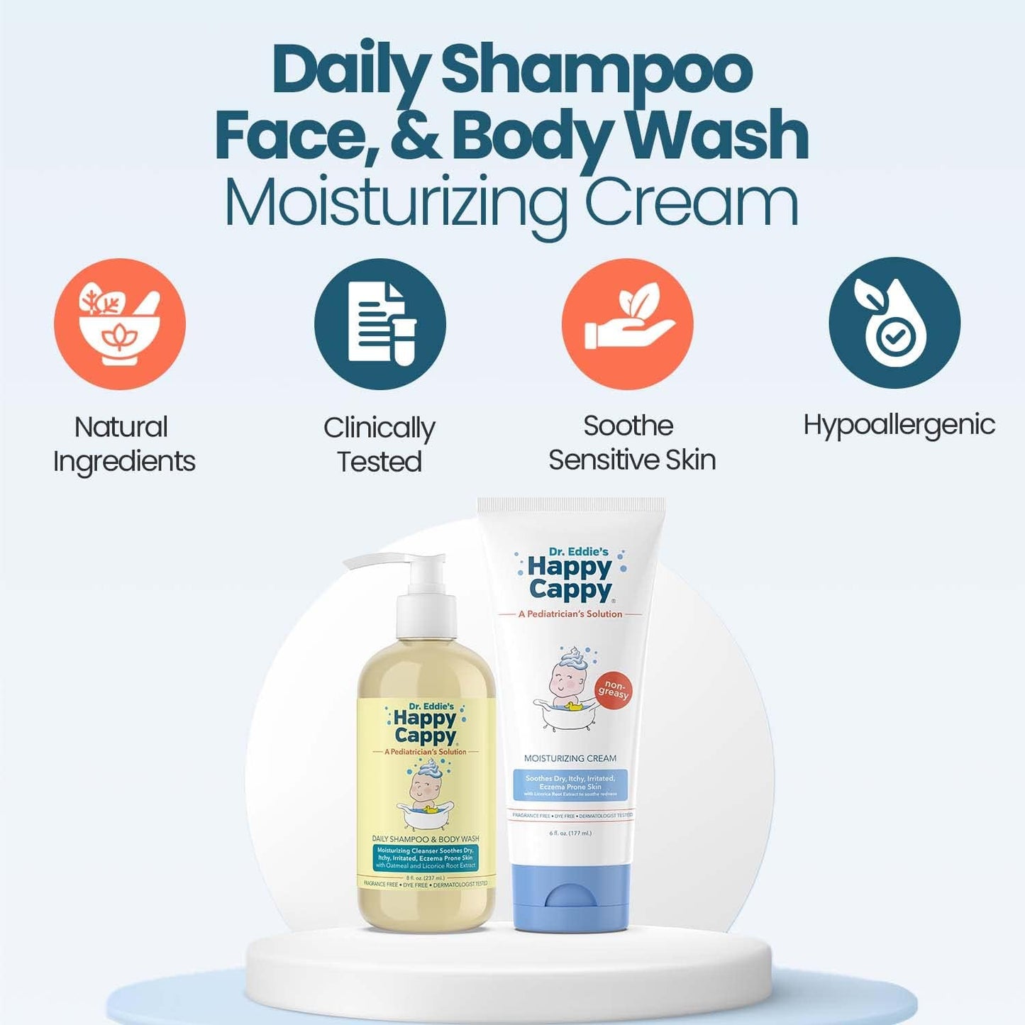 Happy Cappy Baby Shampoo and Body Wash and Moisturizing Cream Bundle - Eczema Body Wash and Lotion for Kids, Toddler, Adults, Helps with Dryness, Reduces Itching, Dermatologist Tested, Fragrance-Free