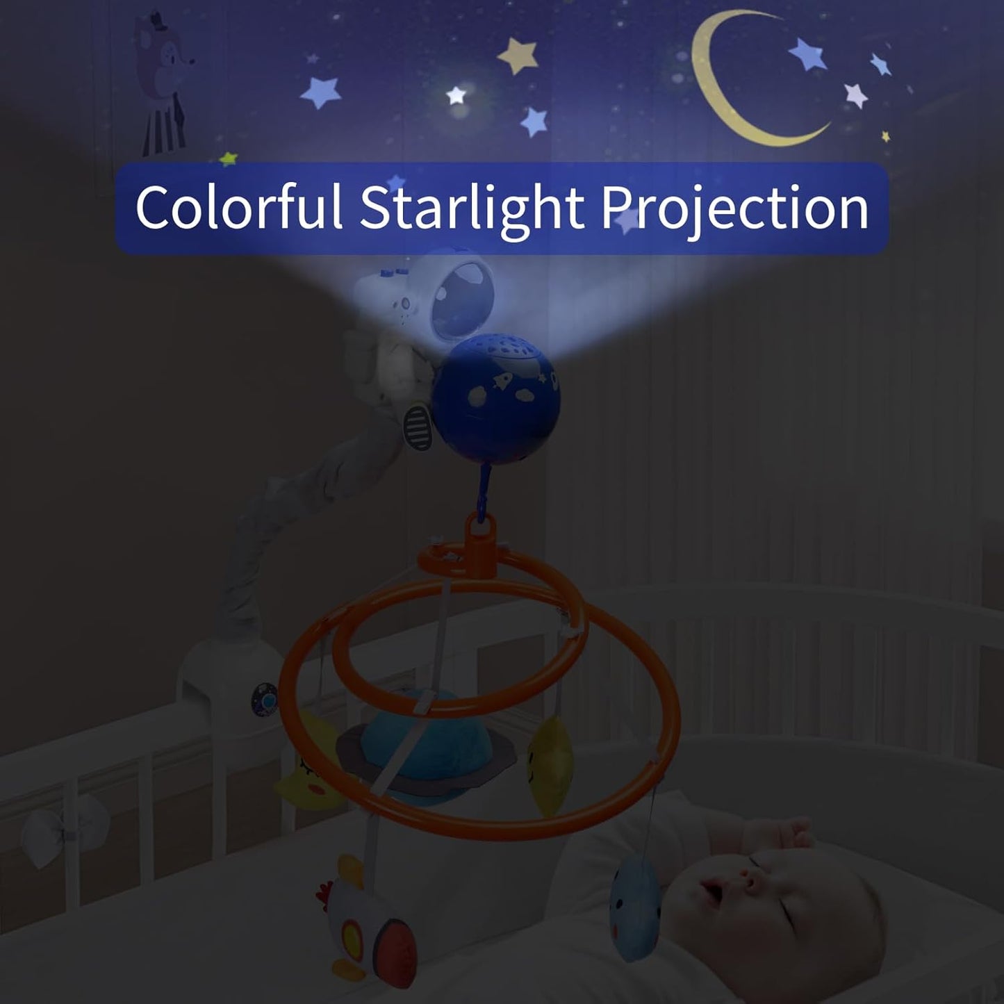 Baby Crib Mobile with Music and Lights, Space Baby Mobile for Crib with Remote Control, Spaceman Nursery Decor Hanging Plush Crib Toys for Newborn Boys and Girls Infant Babies 0-6-12 Months