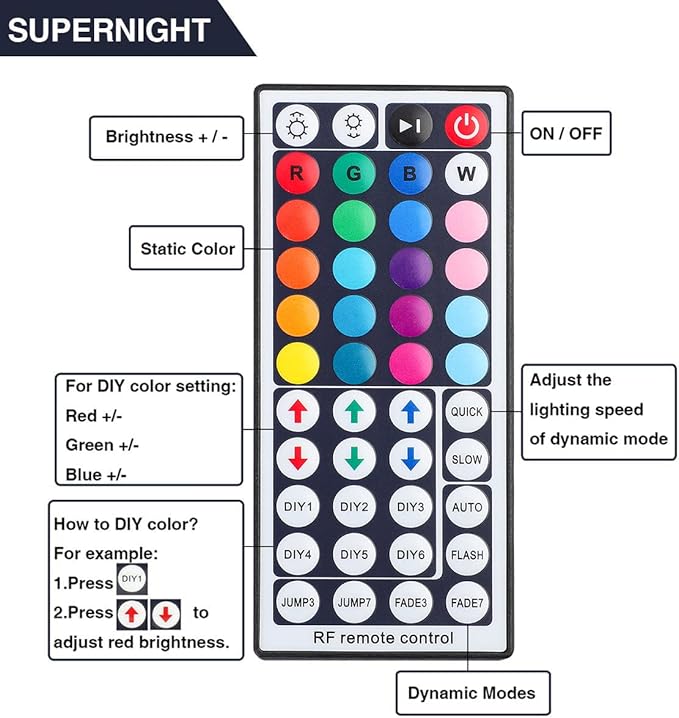 SUPERNIGHT RGB Light Strip Remote Controller, RF Remote of 2-in-1 4 Pin Dimming, Brightness Flash Mode Dimmer for SMD 5050 2835 3528 LED Strip Lights (RF- 2 Ports)