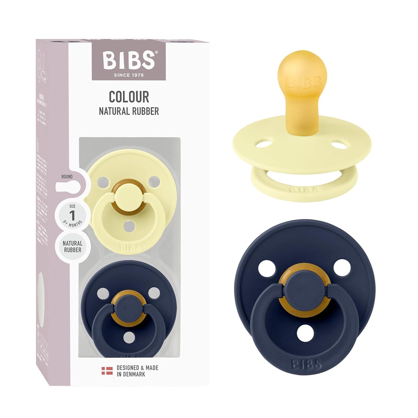 BIBS Colour Pacifier 2-Pack, BPA Free, Round Nipple. Natural Rubber Latex, Made in Denmark, Size 1 (0-6 Months) - Luna/Deep Space