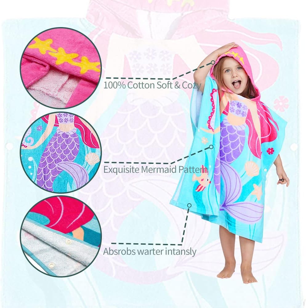 LALIFIT Little Mermaid 100% Cotton Hooded Towel for 2-6 Years Girls Boys Bath Beach Pool Towel,24 x 48 inches (Mermaid)