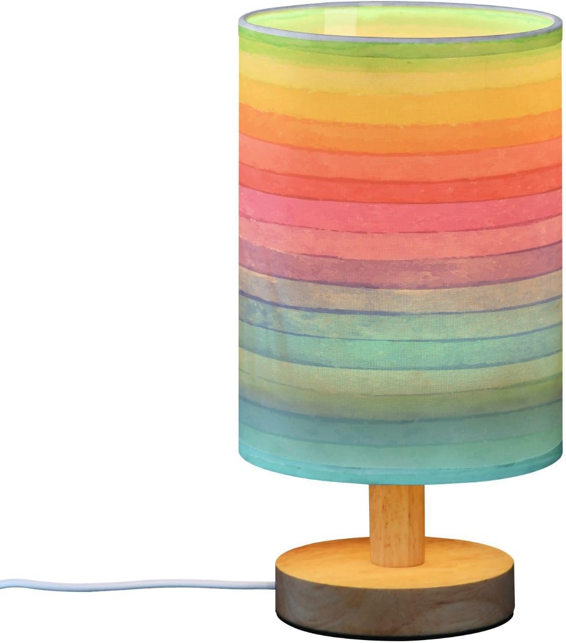 Table Lamp Colorful Striped Watercolor Bright Color Rainbow Print Nightstand Lamp with Wood Base Fabric Lamp Shade Bedside Desk Lamp for Living Room Bedroom Kids Room Office